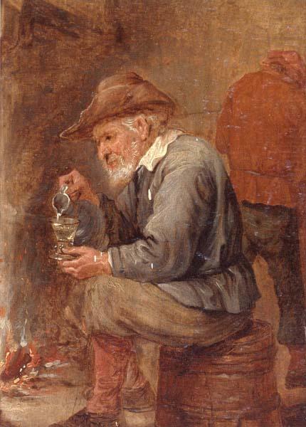An old man sitting by the fire,pouring with into a roemer, unknow artist